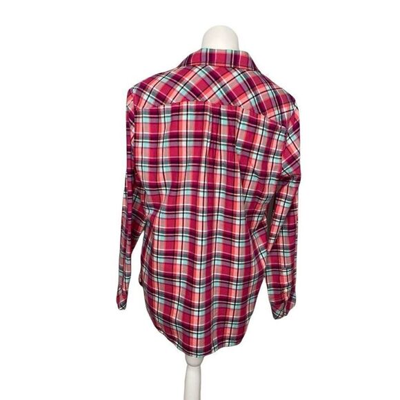 TALBOTS Button Down Pink Aqua Plaid Long Sleeve Cotton Top Large - Picture 3 of 9